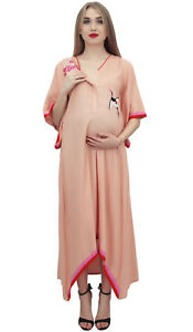 Bimba Moms Maternity Dress Embroidered Nursing Long Peach Maxi Sleepwear