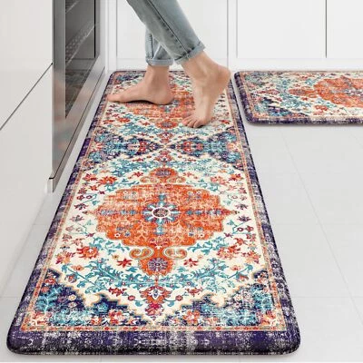 KIMODE Anti Fatigue Kitchen Mat Boho Vintage Kitchen Rugs Sets Of 2 Cushioned Nonslip K