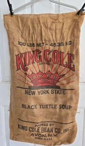 VTG Potato Sack Burlap King Cole Black Turtle Soup New York State 35 X 21 - Picture 1 of 6