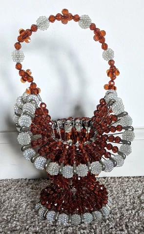Vintage Mid Century Safety Pin Beaded Basket Tramp Art Burnt Orange+ Clear Beads Cover