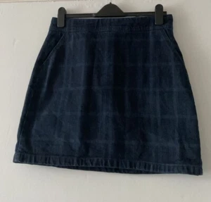 Next Size 12 Blue Denim Short Skirt Dark Blue Check Pattern With Pockets - Picture 1 of 3