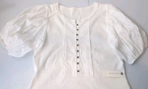 Anthropologie Pilcro Bella Henley White Ribbed Puff Sleeve Blouse Sz Medium New - Picture 1 of 16