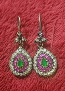 Sterling CZ Emerald Ruby Turkish Dangle Earrings - Picture 1 of 3