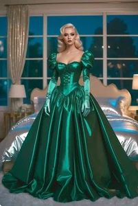 Vestidos de graduación victorianos verdes oscuros brillantes mangas burbuja mangas largas noche - Imagen 1 de 5