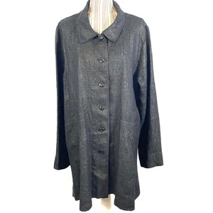 FLAX Black Gold Linen Button Front Swing Coat Jacket Lagenlook Size Large - Picture 1 of 12