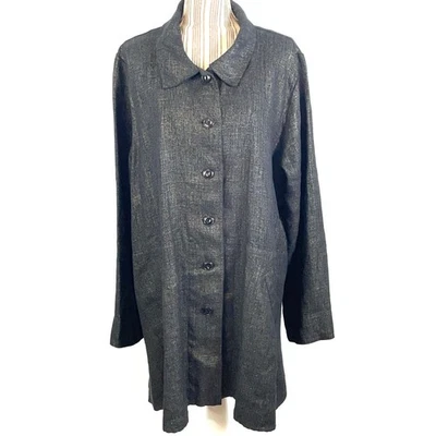 FLAX Black Gold Linen Button Front Swing Coat Jacket Lagenlook Size Large - Image 1 of 4