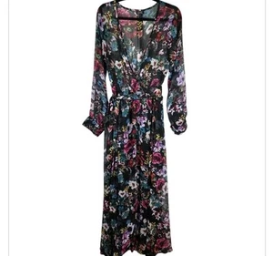 Spy Zone Exchange Dark Floral Faux Wrap Maxi Sheer Dress Boho Feminine Sz XL - Picture 1 of 15
