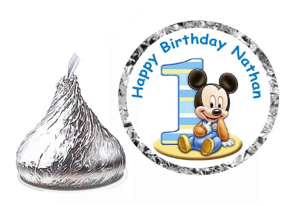 MICKEY MOUSE 1er Primer CUMPLEAÑOS FIESTA FAVORES CHOCOLATE CARAMELO BESO ETIQUETAS Foto 1 de 1