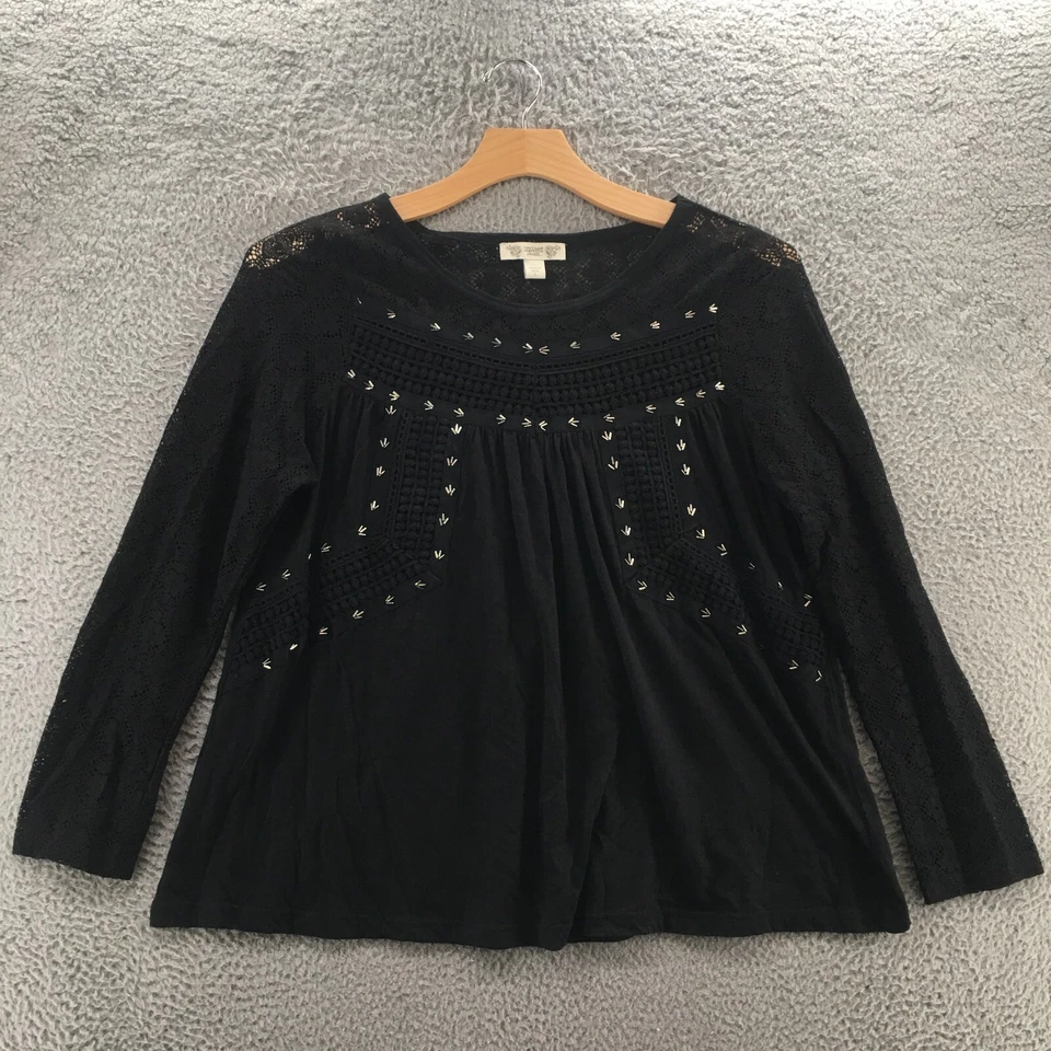 Blusa pulóver informal vintage America manga larga para mujer L negra con cordones florales Foto 1 de 4