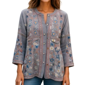 John Mark Medium Floral Embroidered 3/4 Sleeve Button Down Tunic Top - Picture 1 of 13