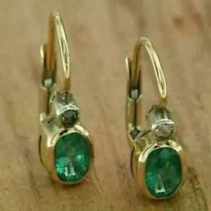 3Ct Oval Cut Lab-Created Green Emerald Drop Dangle Earrings 14K Yellow Gold Over - Picture 1 of 3