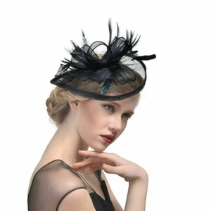 Sinamy Schleife Feder schwarz Fascinator Stirnband Hochzeit Royal Ascot Rennen Damentag - Bild 1 von 7