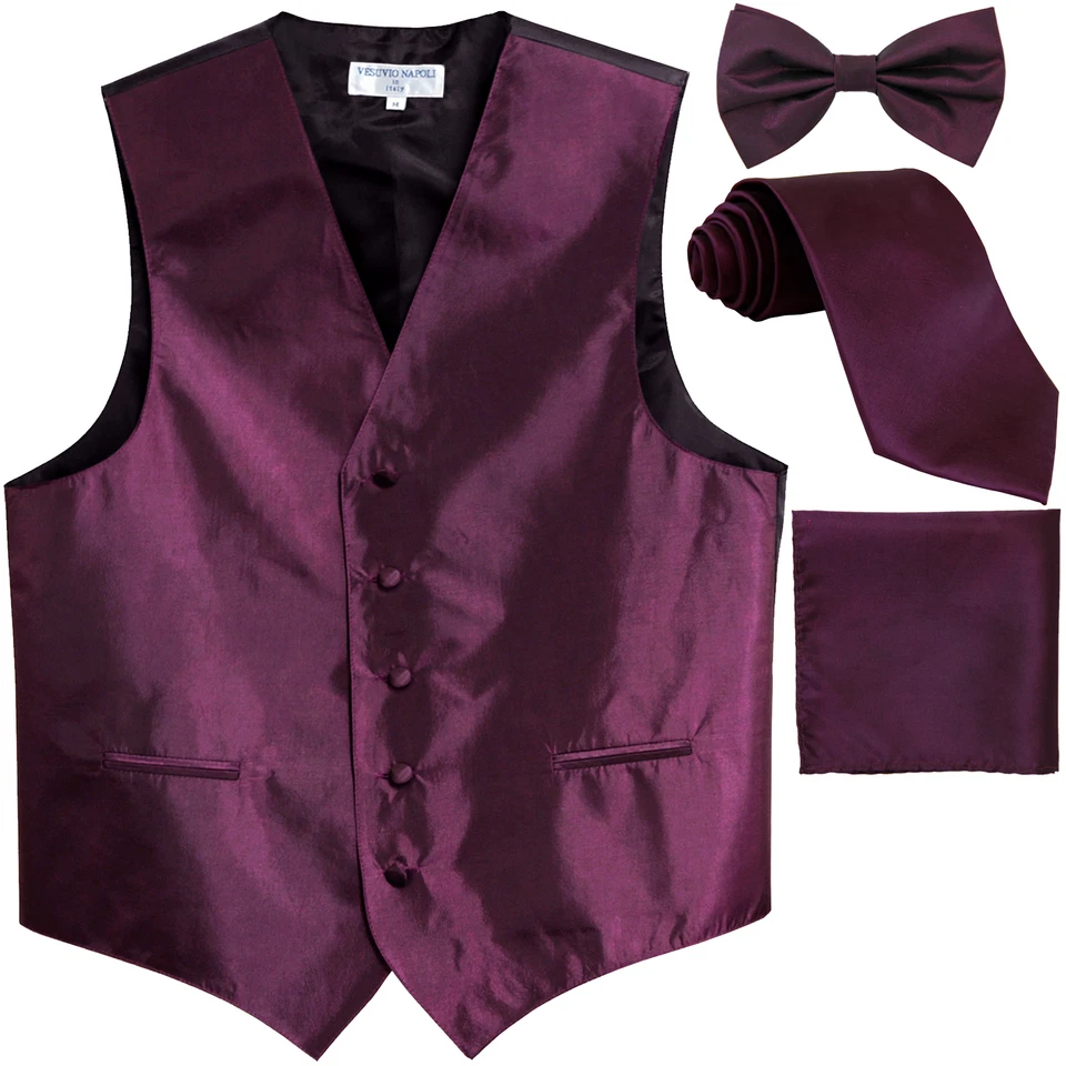 New Men's chintz Tuxedo Vest Waistcoat & necktie & Bow tie & Hankie dark purple - Image 1 of 4