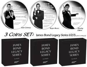 3-COIN-SET COIN JAMES BOND 007 LEGACY SERIES 1-2-3 ISSUE 3x 1oz SILVER PROOF $1 - Picture 1 of 6