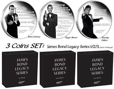 3-COIN-SET COIN JAMES BOND 007 LEGACY SERIES 1-2-3 ISSUE 3x 1oz SILVER PROOF $1 - Image 1 of 4