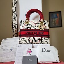 Lady Dior DLite Canvas DiorAmour graffiti Latte Medium Off white Red bag Receipt