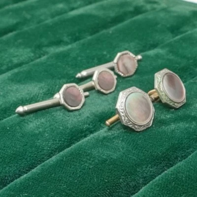 Vintage Octagonal Iridescent cufflinks and studs men's formal jewelry - Image 1 of 4