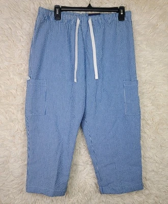 Calça Capri Searsucker Edição Básica Tamanho M Bolso Cordão Cintura Azul Branco X - Imagem 1 de 4