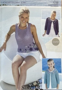 Sirdar Cotton DK Crochet Pattern Cardigan & Vest 7238 Ladies & Girls Like New - Picture 1 of 1