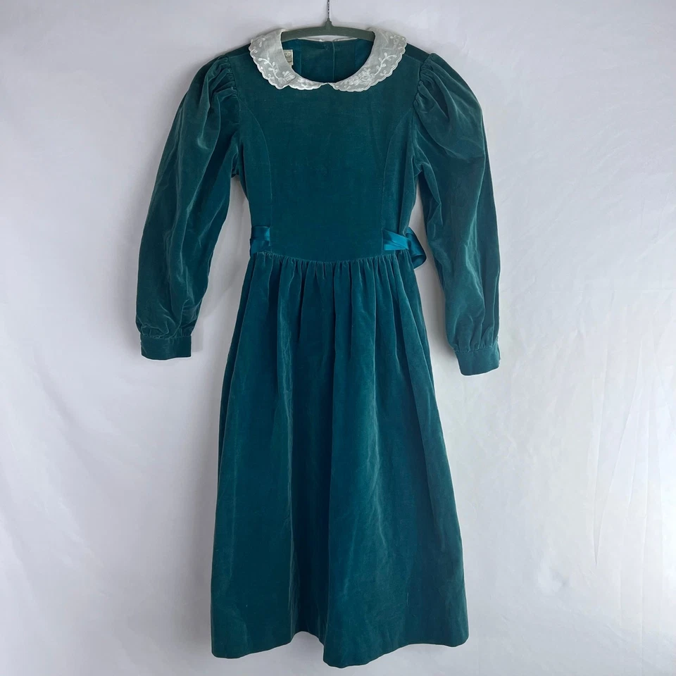 Vintage Laura Ashley Madre e Niño Terciopelo Manga Larga Blet Verde Niña Talla 7-8 Foto 1 de 4
