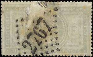 c1869 France 5F - Sc# 37 - Used - Damaged, Repair Attempt - Cat= $750 - Picture 1 of 2