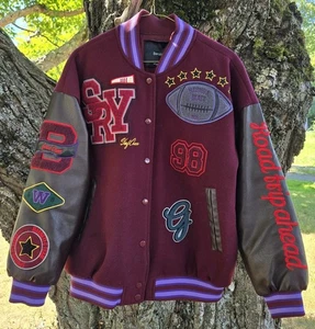 Vintage Varsity Jacket Size Small Embroidered Patchwork Road Trip Ahead Quilted - Picture 1 of 15