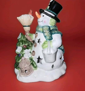 Vintage Hand Painted Ceramic Tealight Holder Snowman Christmas Tree 6" - Picture 1 of 8