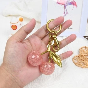 Cute Pink Cherry Bag Charm Keychain – Sparkly Gold Leaf Purse Accessory - Picture 1 of 7
