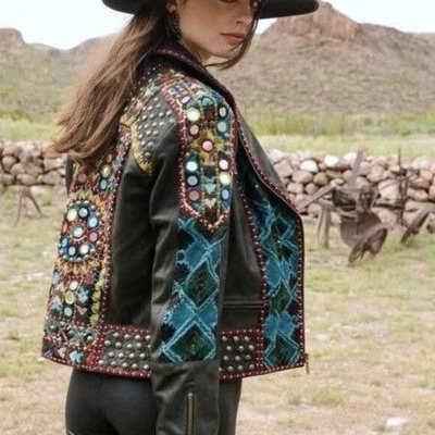 Chaqueta de Cuero Marrón Abenaki Bordada con Cuentas Espejos Rancho Doble D XL USADA EN EXCELENTE ESTADO Foto 1 de 4