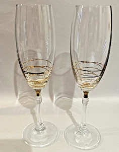 Hand Decorated Gold Spiral 8.5” Champagne Flutes Crystal w/Cut Knop Stem Set /2 - Picture 1 of 8