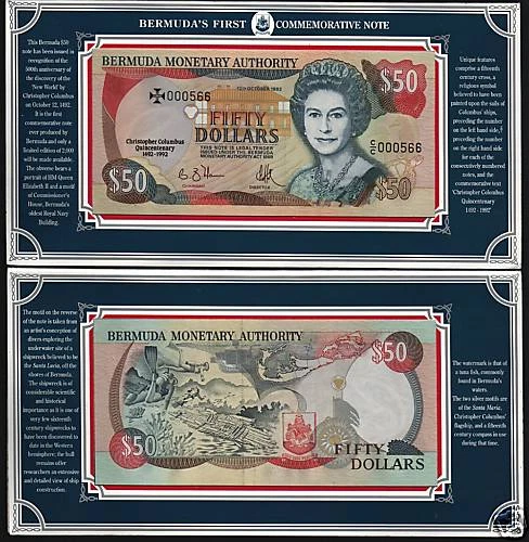 BILLETE BERMUDAS 50 DÓLARES P-40 1992 CONMEMORATIVO BAJO # COLÓN SIN CIRCULAR + CARPETA Foto 1 de 2