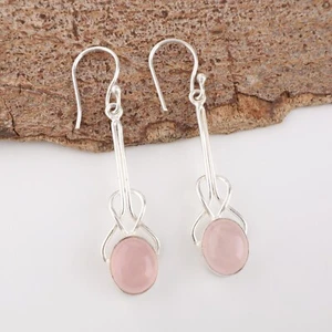 Rose Quartz Gemstone Dangle Earrings 925 Sterling Silver Handmade Jewelry Gifts - Picture 1 of 5