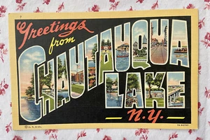 Tarjeta postal grande vintage de saludos de lino sin usar de Chautauqua Lake, Nueva York - Imagen 1 de 2