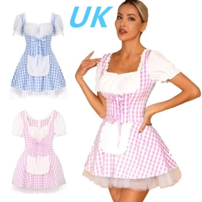 UK Women French Maid Cosplay Costume Halloween Anime Maid Plaid Fancy Dress