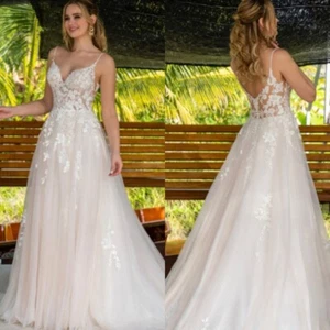 Echte Foto Hochzeit Ärmellose Tüll Spitze Weißes Sommer Elfenbein Ballkleid - Bild 1 von 10
