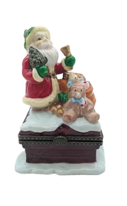 Caja de baratijas de Papá Noel tapa con bisagras 4,5" de alto campana de oso de peluche juguetes de nieve - Imagen 1 de 8