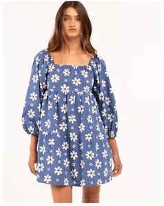 Billabong Love Crush Baby Doll Dress Blue Womens L Daisy Tiered Cotton Festival - Picture 1 of 12
