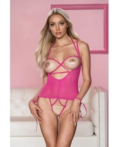 Allure Sheer Mesh Teddy Lingerie – Hot Pink L/XL – Cutout Bodysuit Sexy - Picture 1 of 5