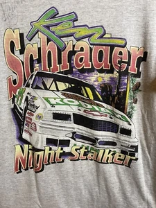 T-shirt grande vintage Ken Schrader double face Night Staller autografata NASCAR - Foto 1 di 5