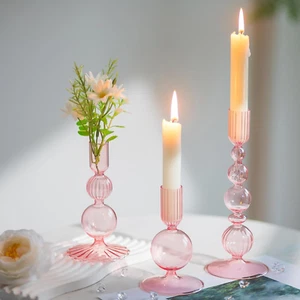 Glass Candlestick Holders Set: 3PCS Pink Candle Holder Taper Candle Holders Bulk - Picture 1 of 7
