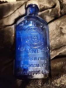 Cobalt Blue Glass Bottle PHILLIPS MILK OF MAGNESIA Vintage Antique USA Embossed - Picture 1 of 3