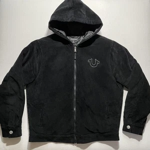 True Religion Jacket Mens Large Black Corduroy Hooded Quilted Zip Horseshoe Logo - Picture 1 of 13
