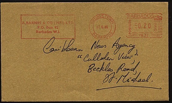 BARBADOS 1985 cubierta local con medidor rojo Bridgetown 20c....................23985 Foto 1 de 1