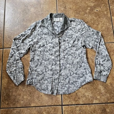 Blusa vintage 100 % seda floral plateada Field Manor clásica moderna talla 10 para mujer Foto 1 de 4