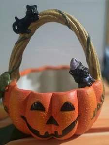 Halloween Resin Pumpkin & Black Cats Candy Dish Party Decoration 7" T X 6.5" W - Picture 1 of 5