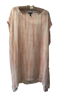 Top tunica Eileen Fisher seta trasparente shibori panna corallo senza maniche spacco laterale XL - Foto 1 di 8