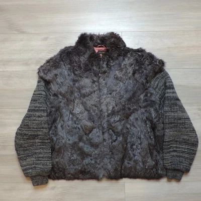 1980s Vintage Rabbit Fur Sweater Jacket Knit Balloon Sleeves Fluffy Soft Gray XL - Image 1 of 4