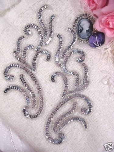 PAR DE APLIQUES DE CUENTAS DE LENTEJUELAS PLATEADAS ESPEJO 9" MOTIVOS ARTESANALES DE COSTURA (0170) Foto 1 de 1