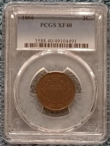 1866 Two Cents, PCGS XF-40 - with "WE" and a trace of red lustre - Picture 1 of 4