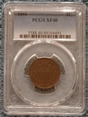 1866 Two Cents, PCGS XF-40 - with "WE" and a trace of red lustre - Image 1 of 4